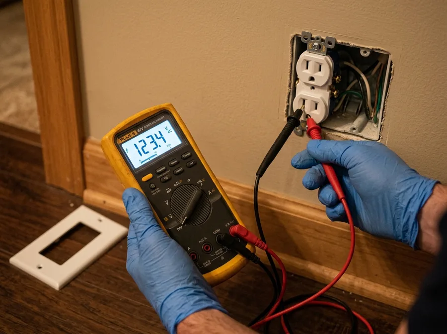Gloved hands holding multimeter probes into a wall receptacle that is installed and wired in place, the meter display glowing with a reading, the cover plate set aside on the floor beside it, tight warm interior light